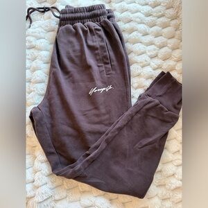YoungLA Dark Brown Sweatpants with White Script Logo